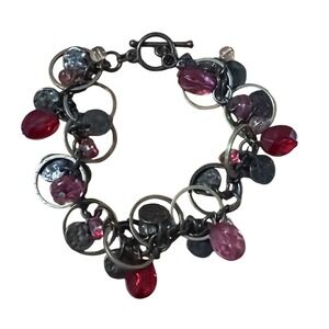 Bohemian‎ Beaded Charm Bracelet Ruby Red Magenta Glass Toggle Clasp Gunmetal